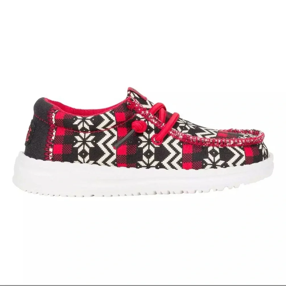Stylish Kids Shoes with Red and Black Fairisle Pattern